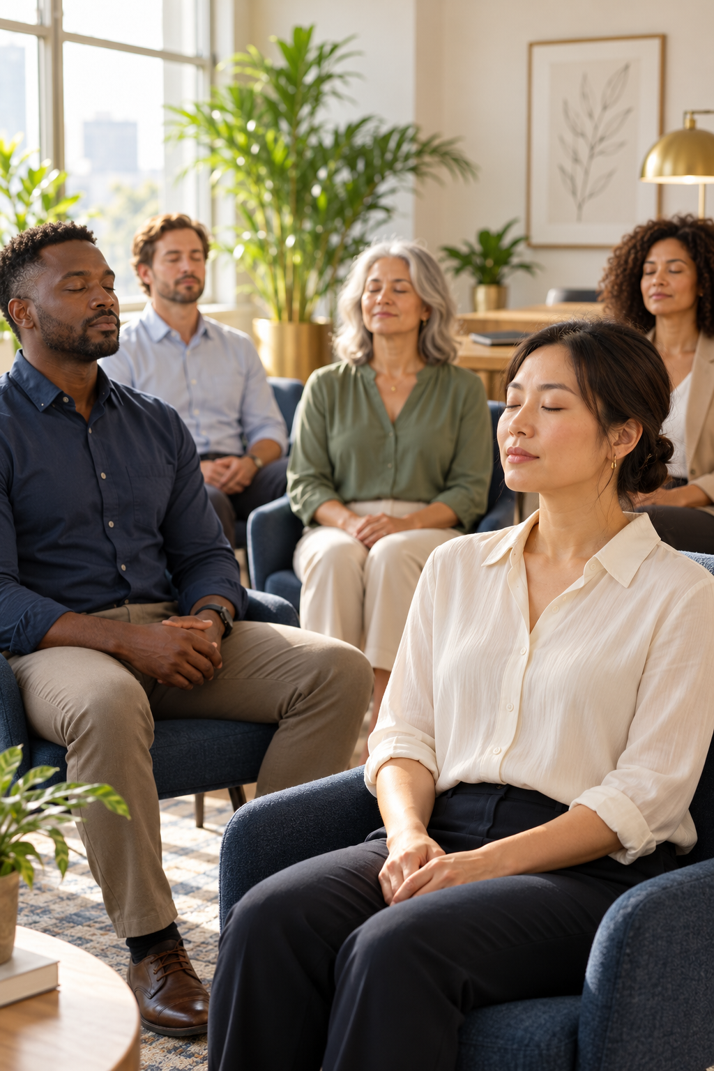Diverse group of people meditating together in a bright, plant-filled workspace