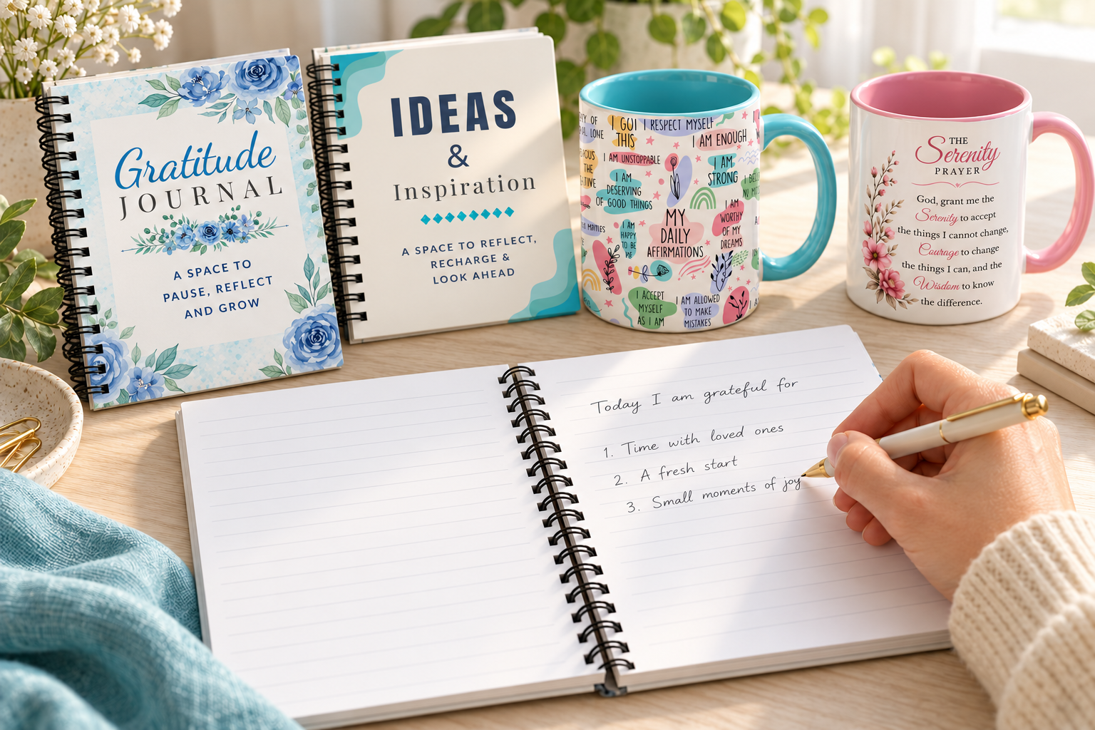 Lotus Inspirations journals and mugs with affirmations